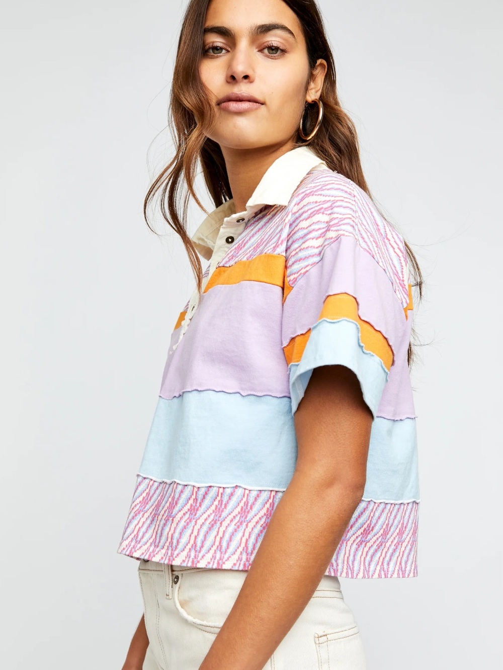 Free People Cropped Rugby Shirt in Lavender, Light Blue, Orange, Cream - Picture 1 of 5